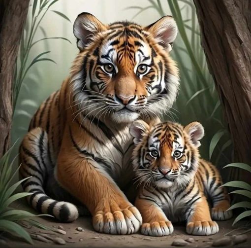 Diamant tavla tiger med bebis 40x50cm fyrkant